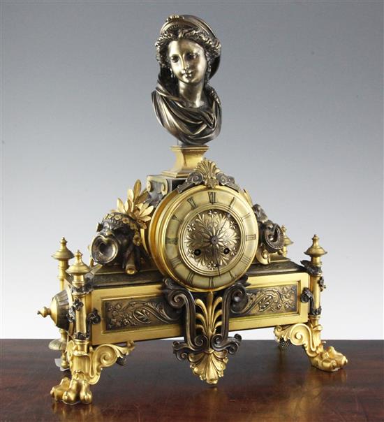 A Napoleon III parcel bronzed ormolu mantel clock, 17in.
